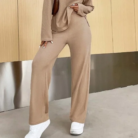 Khaki Casual Womens Drop Shoulder Half Button Tee & Pants - Picture 5 of 5